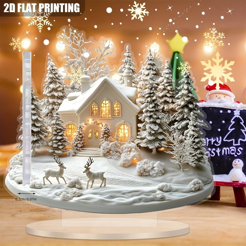 ArcticGlow | Acryl-Weihnachtsschmuck | Schneedorf mit Rentierszene | Flacher 2D-Stil