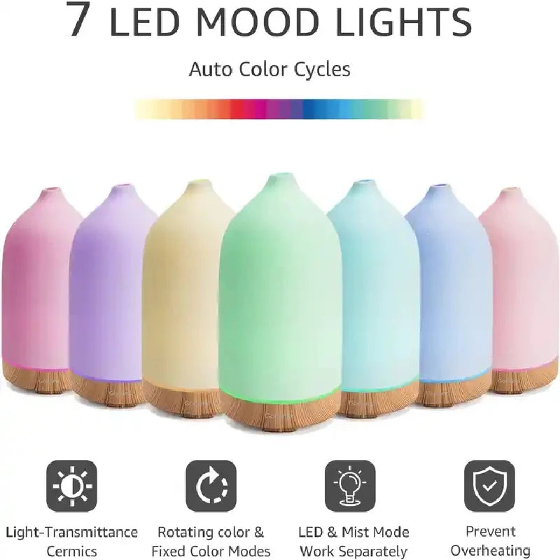 Aromisca Keramik Aroma-Diffuser | 100 ml Ultraschall-Luftbefeuchter | 7 LED-Farben & Timer | Handgefertigter Stil | EU-Stecker