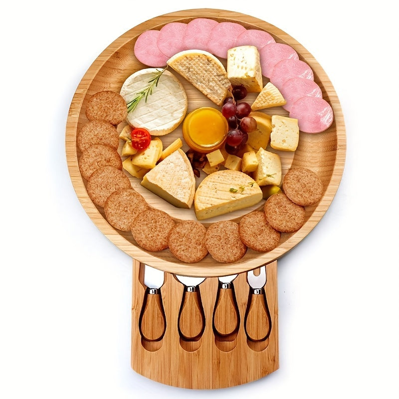 Cheviluna Käseplatte | Rundes Servierbrett aus Bambus | Mit Schublade & Käsemessern | Für Weinabende, Snacks & Antipasti | Nachhaltige Geschenkidee