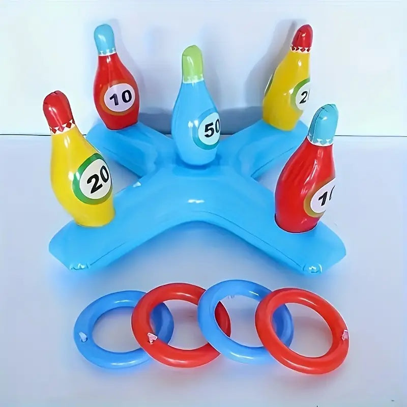 AquaStrike Wasser-Bowlingset | Aufblasbar | Bunte Kegel & Wurfringe | Für Pool & Strand