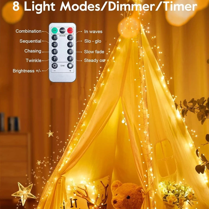 StellarGlow | LED-Lichterkette mit Feuerwerksdesign | 8 Lichtmodi & Fernbedienung | USB-betriebene Weihnachts- und Partylichter | Für Innen- und Außenbereich