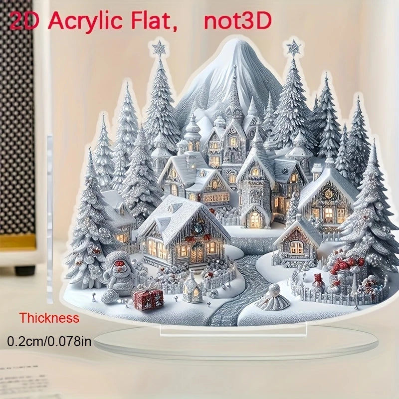 ArcticGlow | Acryl-Weihnachtsschmuck | Schneedorf mit Rentierszene | Flacher 2D-Stil