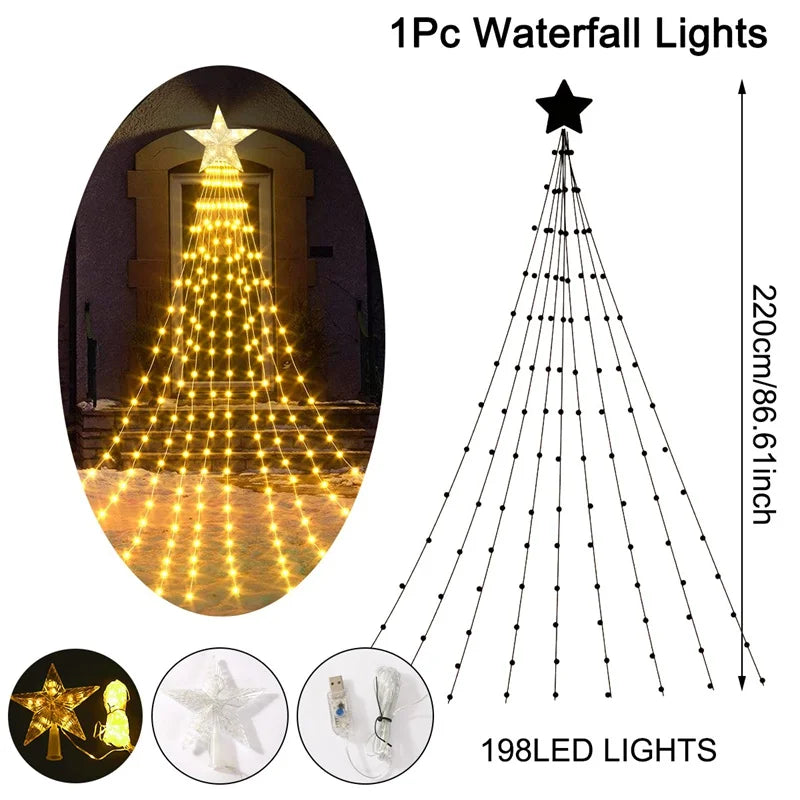 LED Stern Wasserfall StellaCascade | 198 LEDs | 2,2 m | Warmweiß / Weiß / Mehrfarbig | USB- und Batteriebetrieben | Weihnachts- & Silvesterdekoration