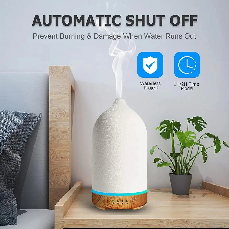 Aromisca Keramik Aroma-Diffuser | 100 ml Ultraschall-Luftbefeuchter | 7 LED-Farben & Timer | Handgefertigter Stil | EU-Stecker