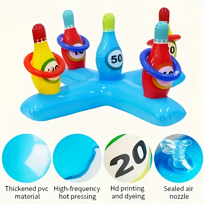 AquaStrike Wasser-Bowlingset | Aufblasbar | Bunte Kegel & Wurfringe | Für Pool & Strand