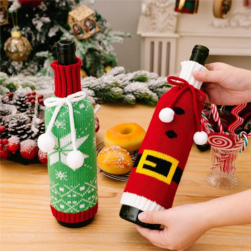 Festivelle 3-teiliges Weihnachtsflaschenhüllen-Set | Gestrickte Weinflaschenhüllen | Kordelverschluss | Passend für 750ml Wein- und Champagnerflaschen | Polyester