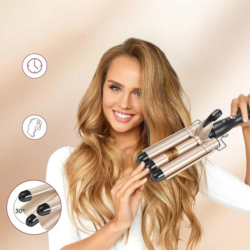 NovaWaves | 3-Zylinder Lockenstab | Ionen-Technologie, Schnellaufheizung, Dualspannung | Für glamouröse Beach-Waves & Styling unterwegs