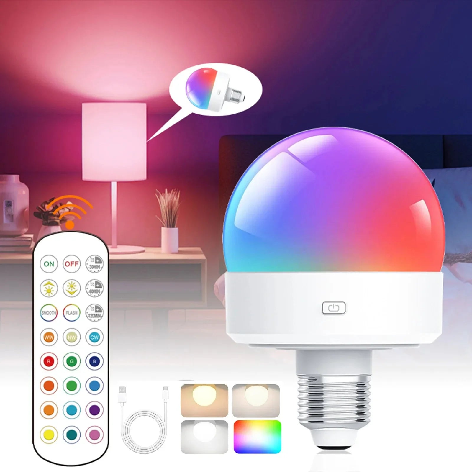 LumoVera | Wiederaufladbare LED-Lampe mit Fernbedienung | RGB & 3 Farbmodi | E27-Fassung | Dimmbar mit Timer | USB-C- und Batterieladung