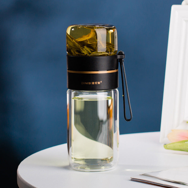TeaVoyage Infuser | Doppelt isolierte Teeflasche | Auslaufsicher & Stilvoll | 400–450 ml Borosilikatglas