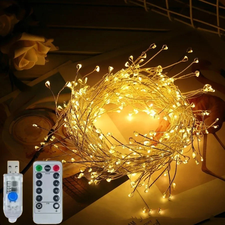 StellarGlow | LED-Lichterkette mit Feuerwerksdesign | 8 Lichtmodi & Fernbedienung | USB-betriebene Weihnachts- und Partylichter | Für Innen- und Außenbereich