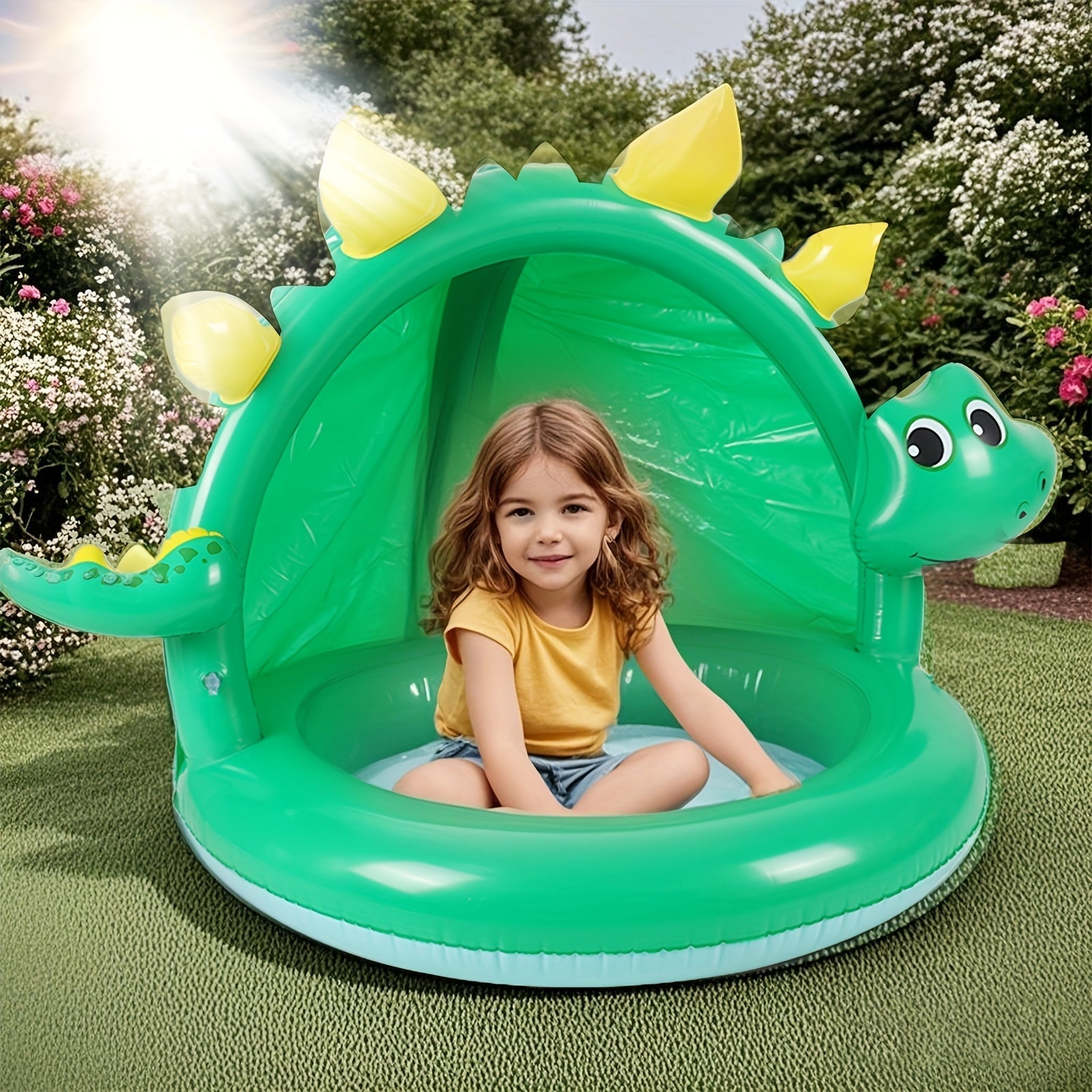 AquaDino Planschbecken mit Sonnendach | Sicherer & Tragbarer Badespaß | Für Kinder im Garten & Strand