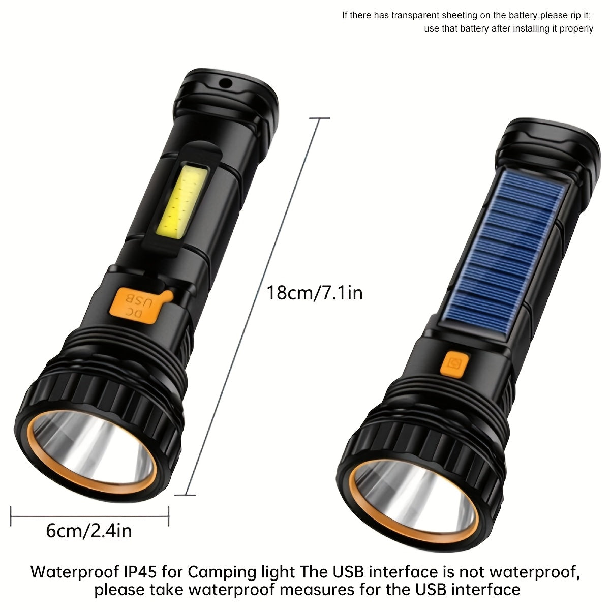 LED-Taschenlampe Solaytor Pro | Solar LumaPower | LED-Taschenlampe Solar & USB | Mit COB-Seitenlicht & Wasserdicht | Perfekt für Outdoor& USB Aufladbar | Mit COB-Seitenlicht | Wasserdicht IP45 | 18 × 6 cm
