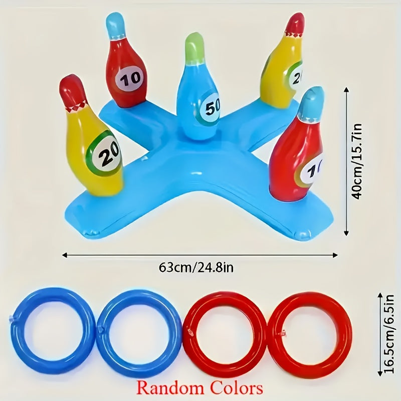 AquaStrike Wasser-Bowlingset | Aufblasbar | Bunte Kegel & Wurfringe | Für Pool & Strand