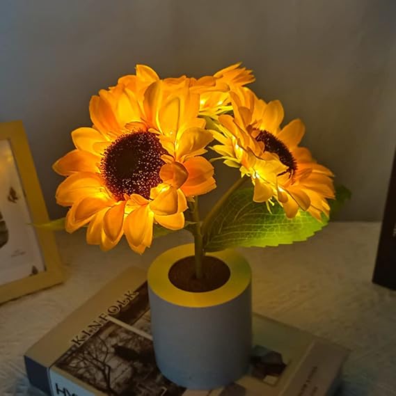 Solafleur LED Tischlampe | Sonnenblumen Design | Warmweiß mit 2 Lichtstufen | USB & Netzbetrieb