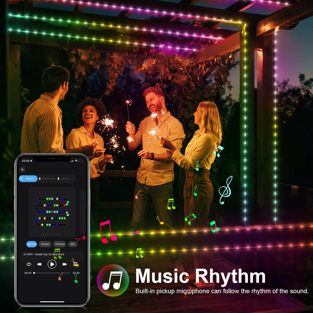 Intelligente LED-Lichtleiste LumiSync RGBIC | 20 m Länge | Bluetooth- und App-Steuerung | Musik-Synchronisationsmodus | IP67 wasserdicht | USB-betrieben