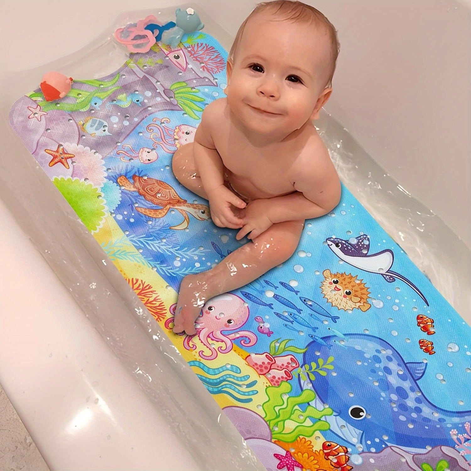 SplashSafe Badewannenmatte | Extra Rutschfest & Bunt | Mit Meeresmotiv & Saugnäpfen | Waschbar & Hygienisch