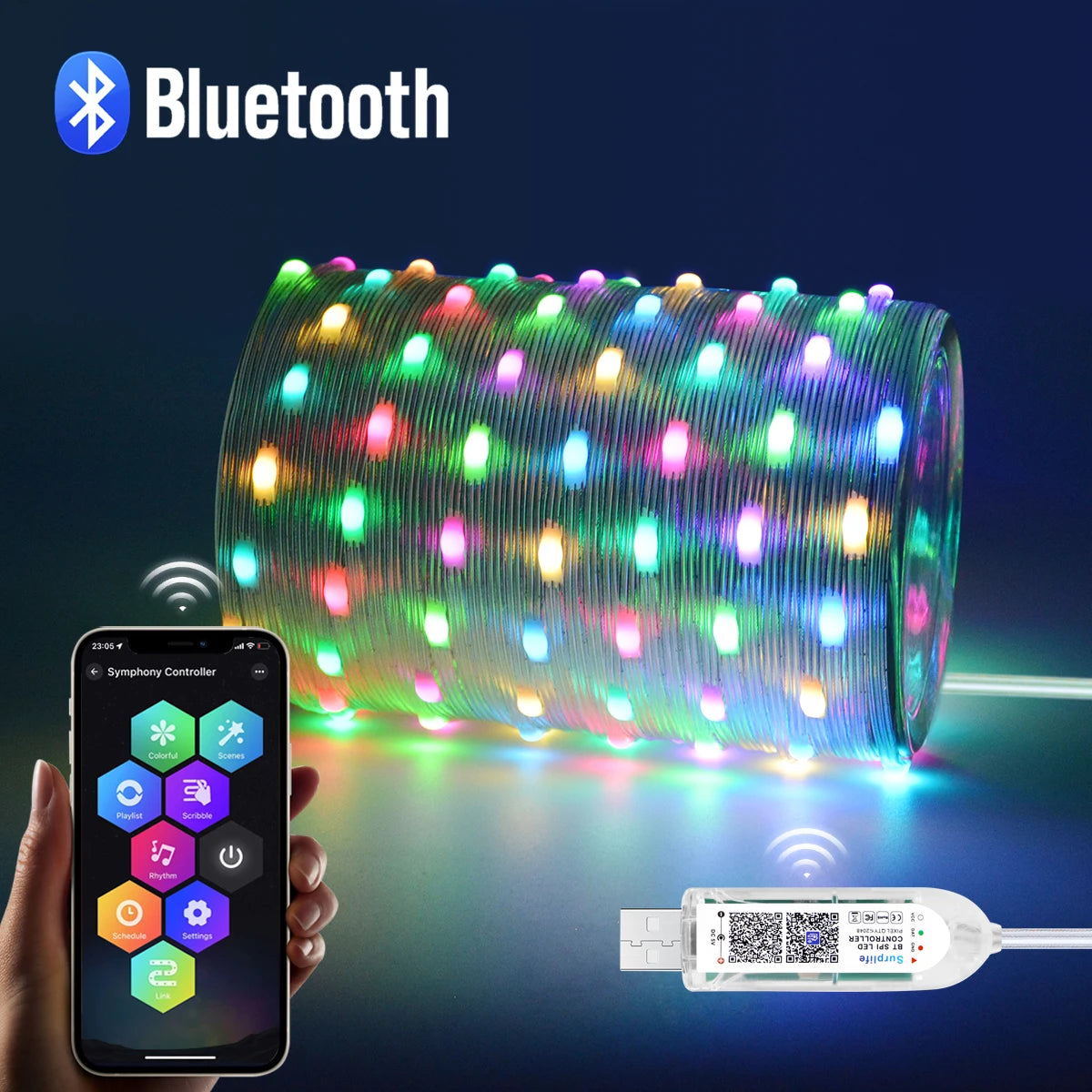 Intelligente LED-Lichtleiste LumiSync RGBIC | 20 m Länge | Bluetooth- und App-Steuerung | Musik-Synchronisationsmodus | IP67 wasserdicht | USB-betrieben