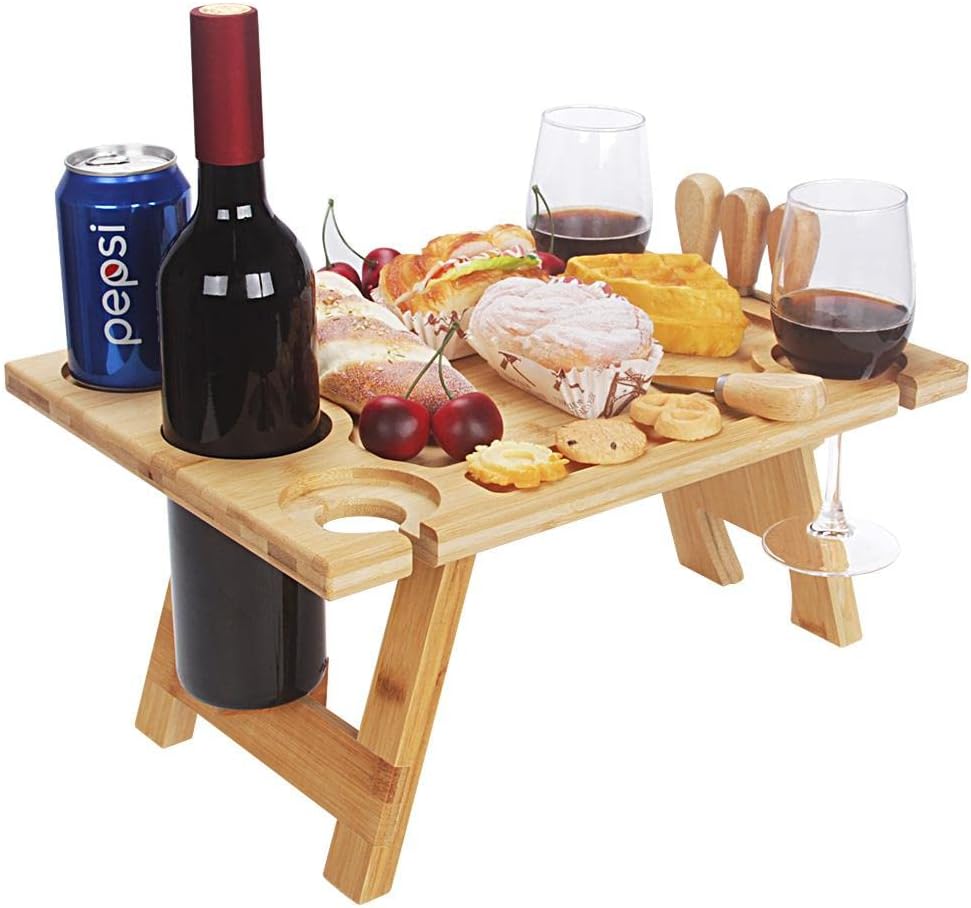 Vinalora | Klappbarer Weintisch | Halter für Flasche & Gläser | Picknick, Garten & Camping