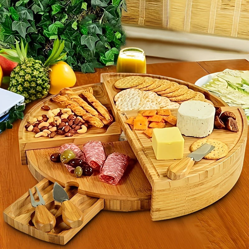 Bamburetta Genussplatte | Runde Käseplatte aus Bambus | Mit Schubladen & Käsebesteck | Für Charcuterie, Snacks & Tapas | Nachhaltiges Servierbrett