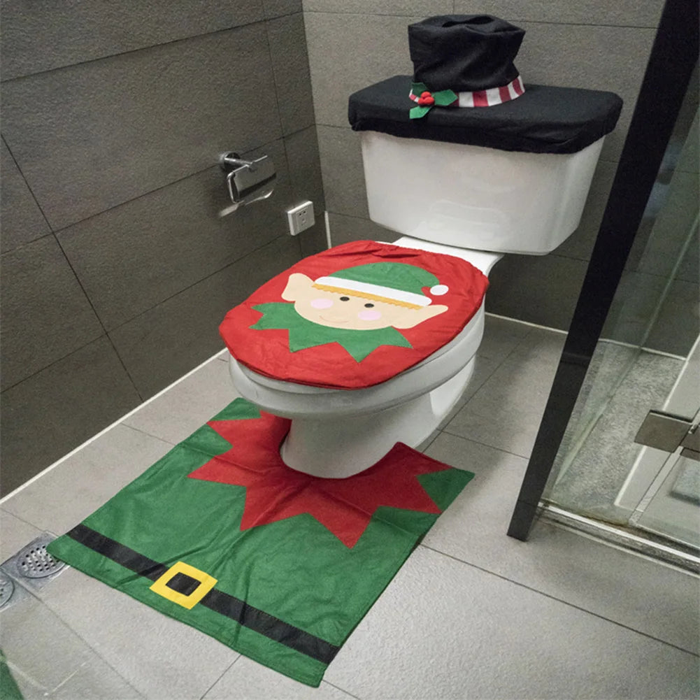 Noeliva | Weihnachts-Toiletten-Set | 3-teiliges Design mit Weihnachtsmann | Humorvolle Toilettendekoration mit Badematte & Spülkastenbezug | Weihnachtsdeko 2024