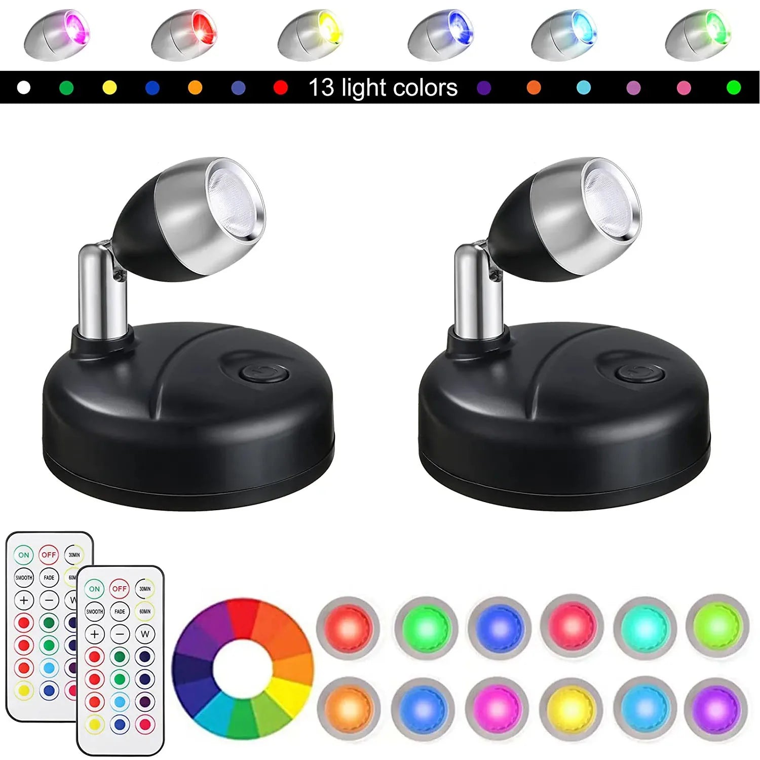 LumiFlex Strahler | 2er-Set kabellose LED-Strahler mit Fernbedienung | RGB Farbwechsel & Timer | Drehbar für Fotos, Schränke & Wände