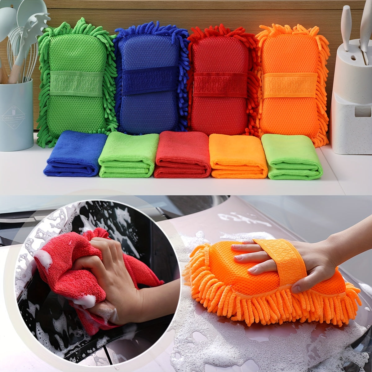 Reinima SoftGrip | Auto Reinigungsset | Mikrofasertücher & Schwamm | Kratzfrei & Saugstark | Für Auto & Zuhause
