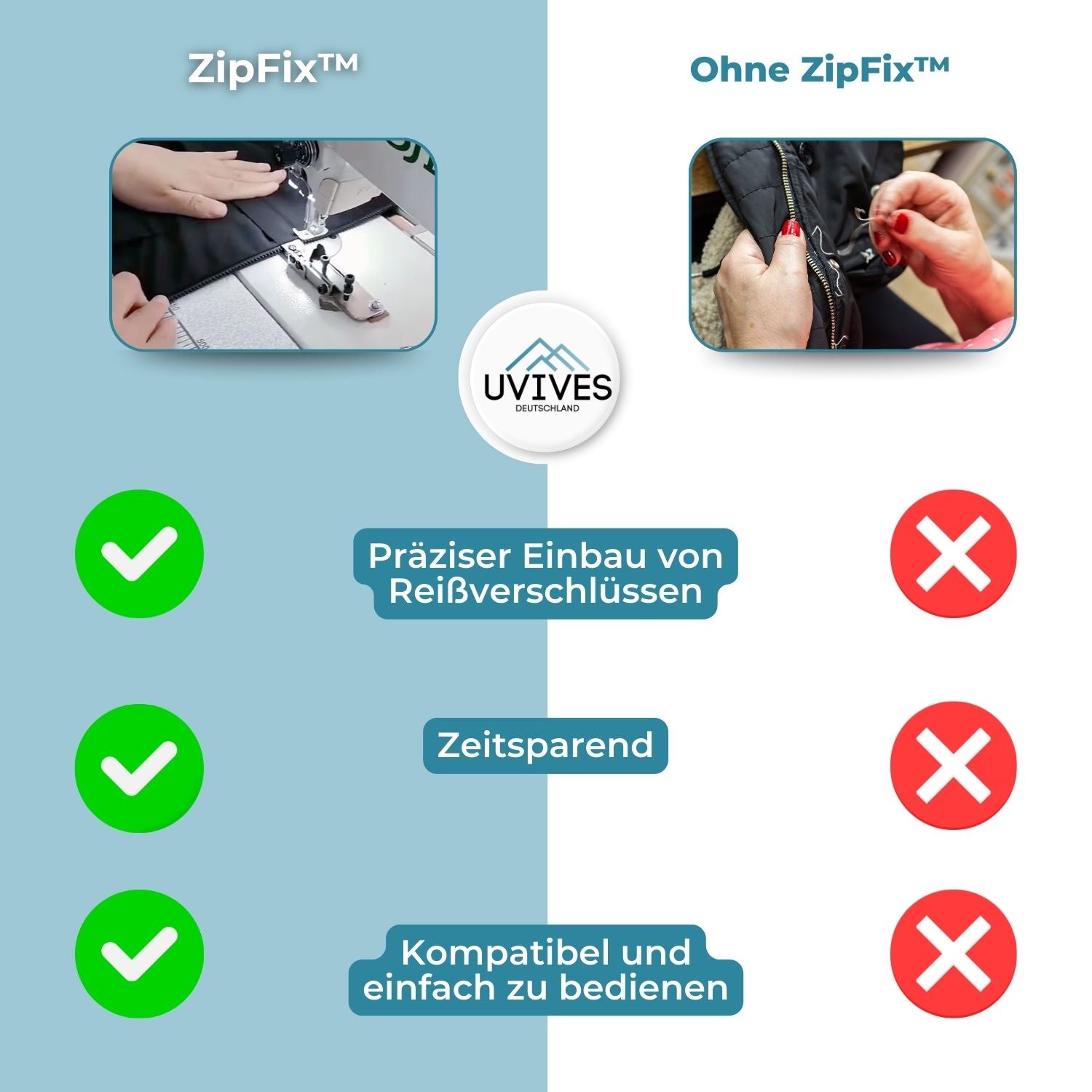 ZipFix™ - Reißverschlussfuß zur Positionierung der Stichlinie