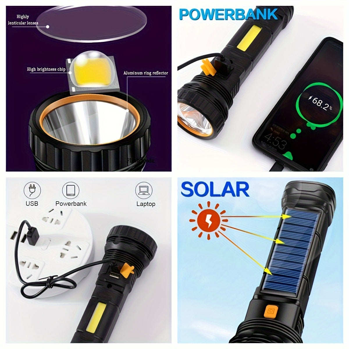 LED-Taschenlampe Solaytor Pro | Solar LumaPower | LED-Taschenlampe Solar & USB | Mit COB-Seitenlicht & Wasserdicht | Perfekt für Outdoor& USB Aufladbar | Mit COB-Seitenlicht | Wasserdicht IP45 | 18 × 6 cm