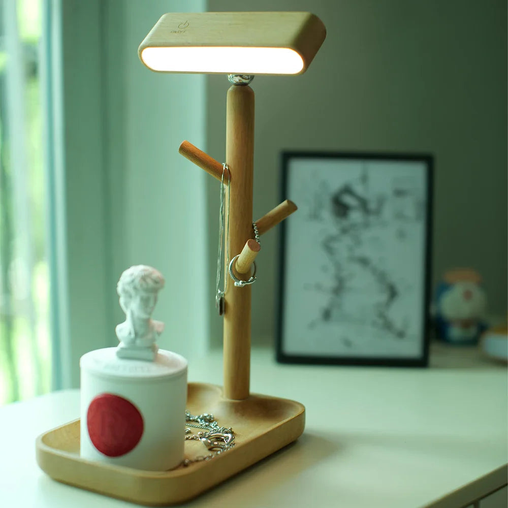 Lunara Nachttischlampe | Bambus & Holz | Warmweißes Licht mit Ablage | Modernes und funktionales Design