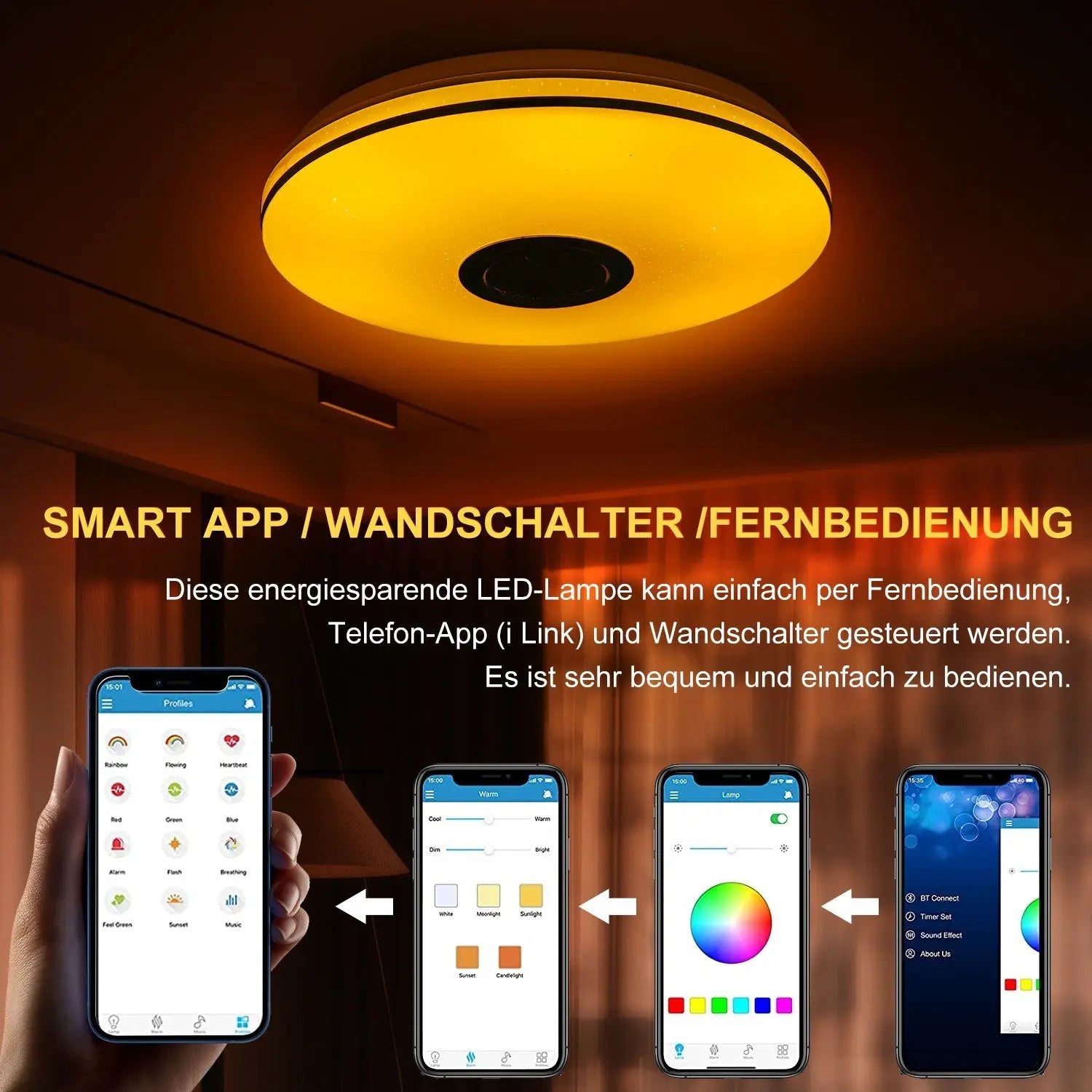 Auralite Smart Deckenleuchte | RGB LED Deckenleuchte | Bluetooth Lautsprecher & Fernbedienung inklusive | Dimmbar mit App-Steuerung | 36W