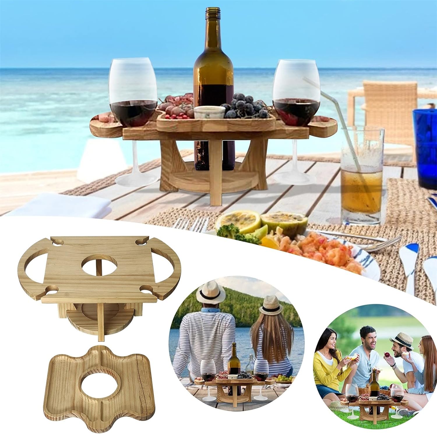 Lunavino | Faltbarer Obst- & Weintisch | Natürliches Holzdesign | Picknick, Garten & Camping