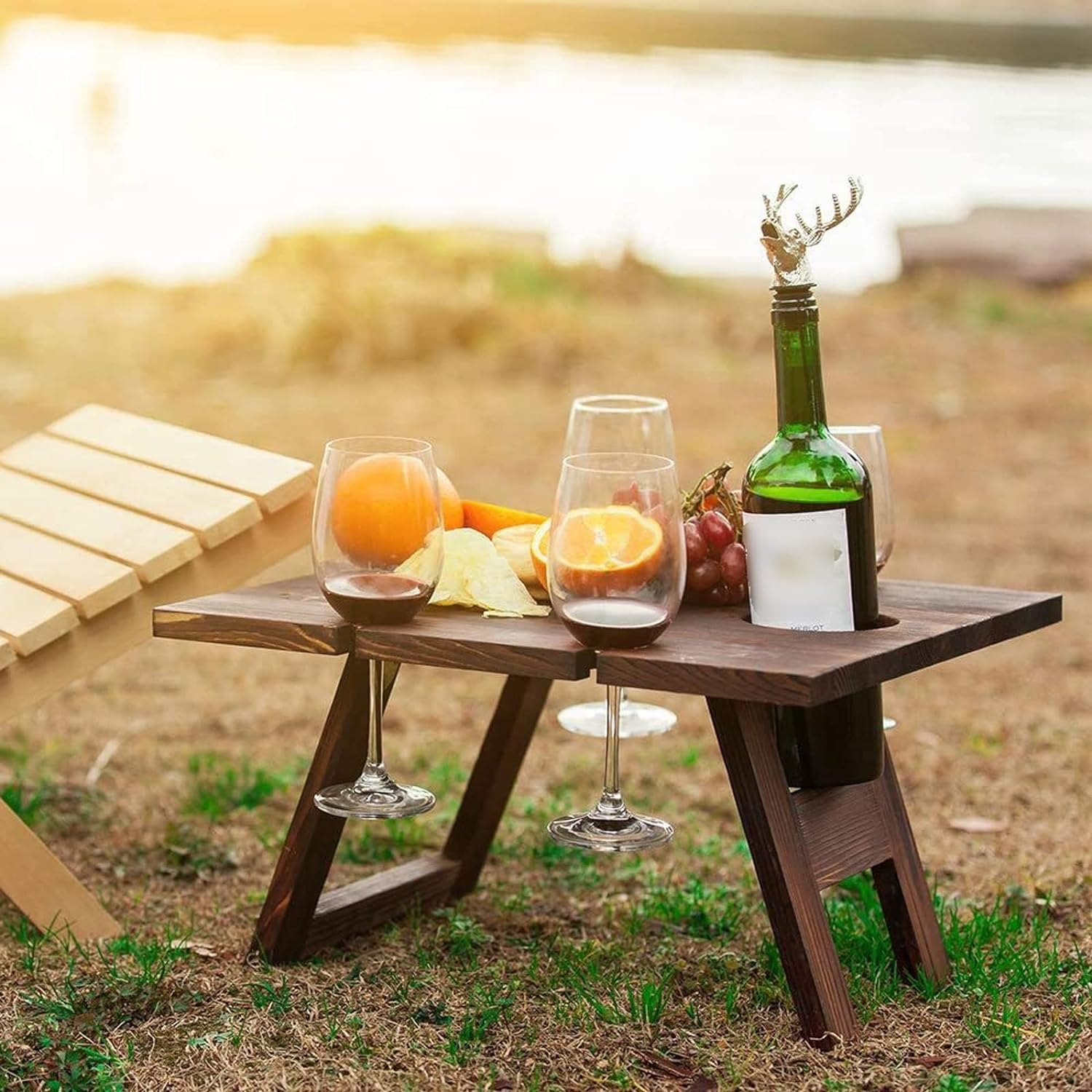 Vinalora | Klappbarer Weintisch | Halter für Flasche & Gläser | Picknick, Garten & Camping