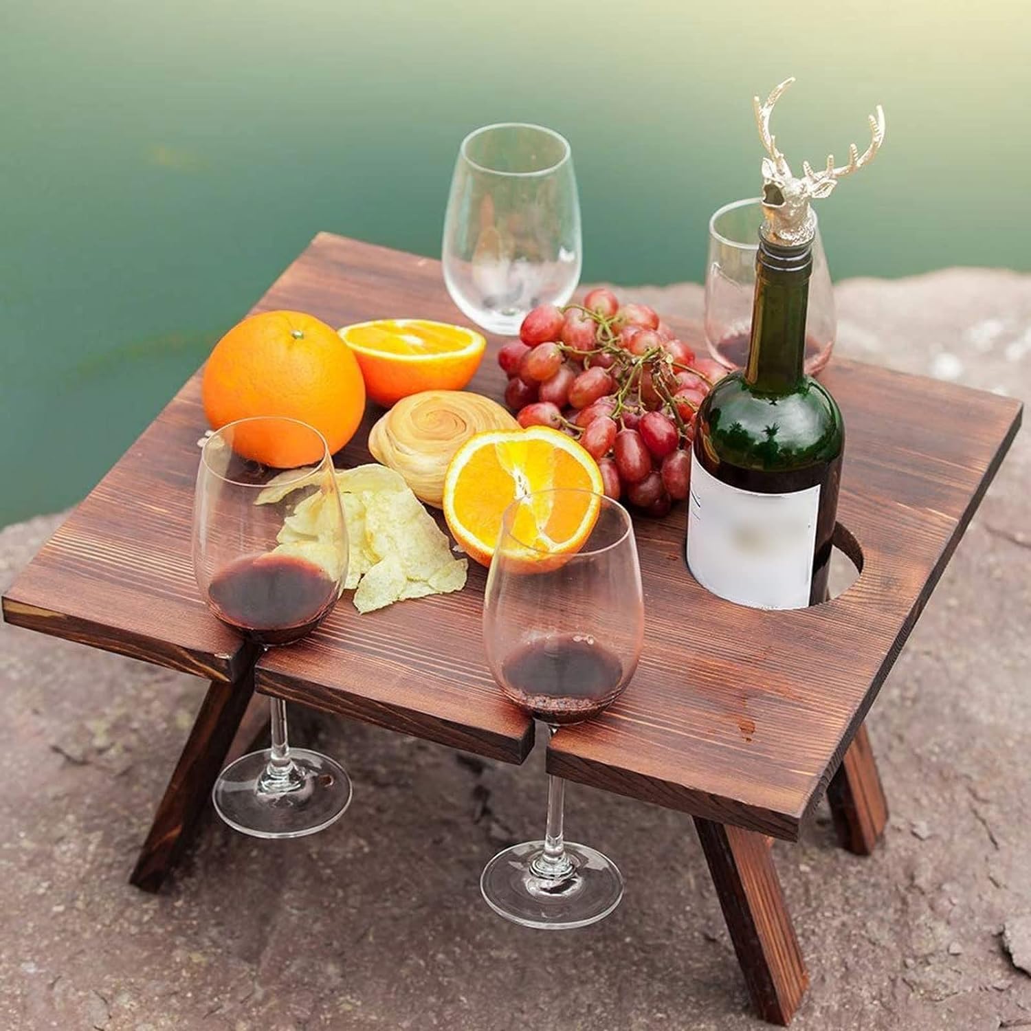 Vinalora | Klappbarer Weintisch | Halter für Flasche & Gläser | Picknick, Garten & Camping