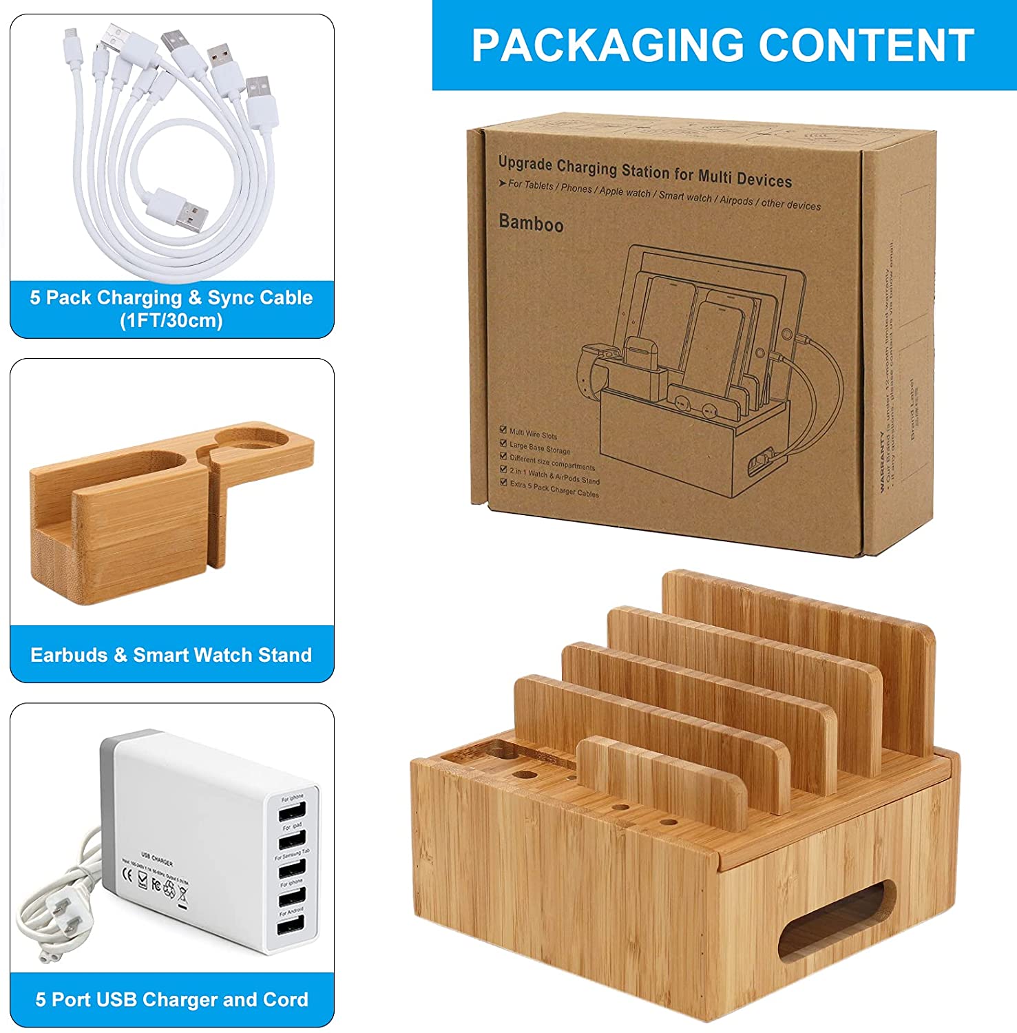 BambooCharge 5 | 5-in-1 Ladestation | Nachhaltig aus Bambus | Integrierte Halterung & Kabelmanagement