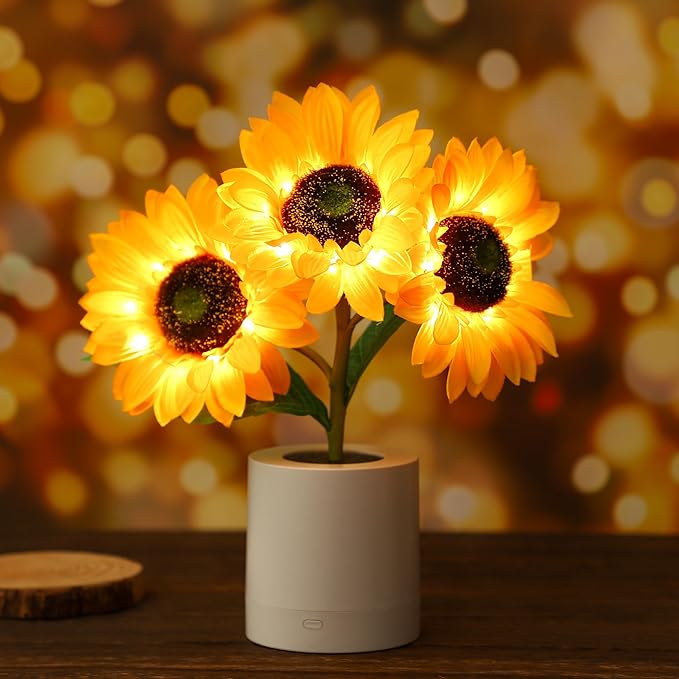Solafleur LED Tischlampe | Sonnenblumen Design | Warmweiß mit 2 Lichtstufen | USB & Netzbetrieb
