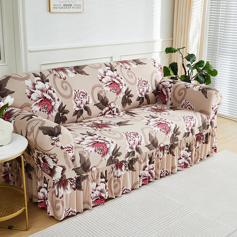 Floravelle | Sofaüberwurf mit Blumenmuster | Elastisch & Rutschfest | Dekorativer Rüschenakzent | Waschbarer Sofabezug