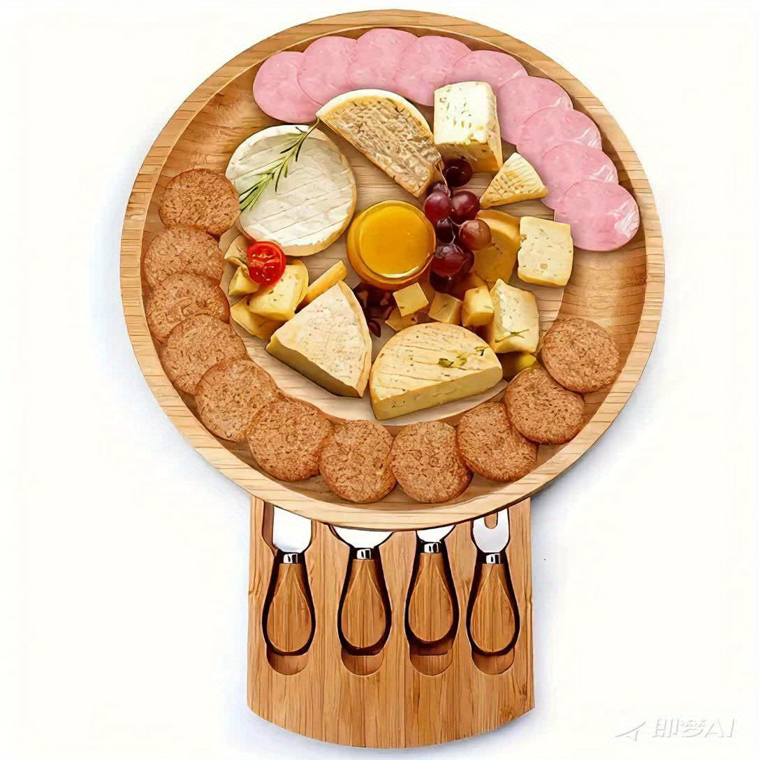 Cheviluna Käseplatte | Rundes Servierbrett aus Bambus | Mit Schublade & Käsemessern | Für Weinabende, Snacks & Antipasti | Nachhaltige Geschenkidee