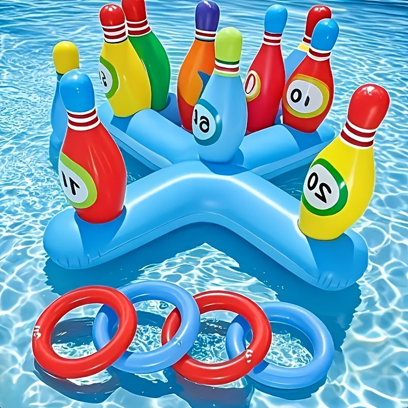 AquaStrike Wasser-Bowlingset | Aufblasbar | Bunte Kegel & Wurfringe | Für Pool & Strand
