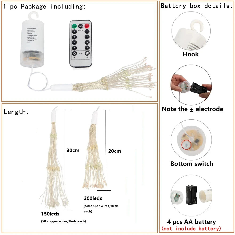 LED-Feuerwerkslichter StellaBurst | 150/200 LEDs | 8 Modi mit Fernbedienung | Wasserdicht | Warmweiß, Kaltweiß, Bunt oder Blau