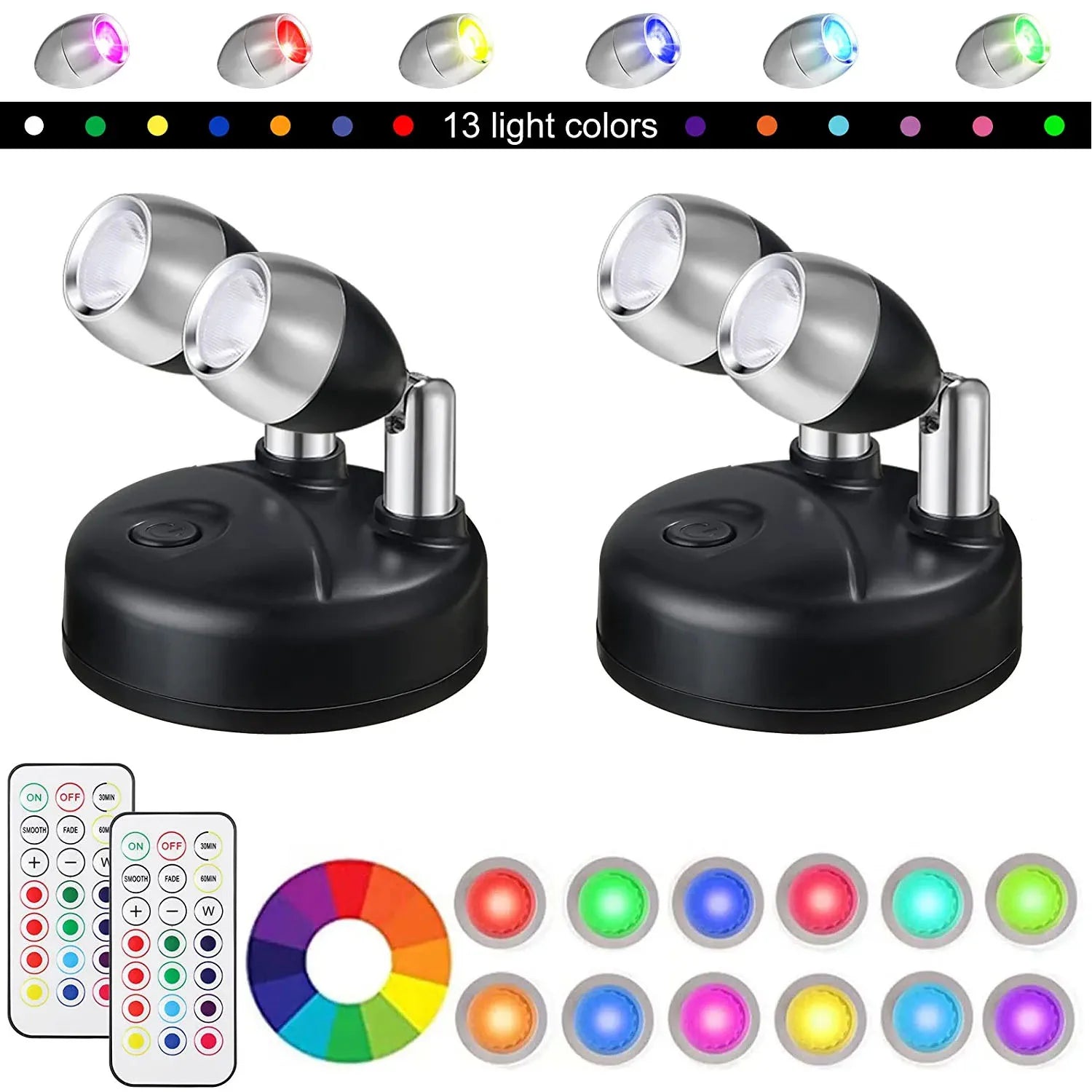 LumiFlex Strahler | 2er-Set kabellose LED-Strahler mit Fernbedienung | RGB Farbwechsel & Timer | Drehbar für Fotos, Schränke & Wände