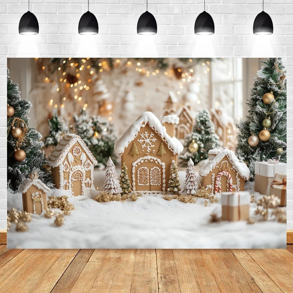 Holvinea | Weihnachts-Fotohintergrund | Miniatur Weihnachtshaus und Baum | Familien- & Kinderportrait-Dekor | Vinyl/Polyester/Velours | 300×200 cm