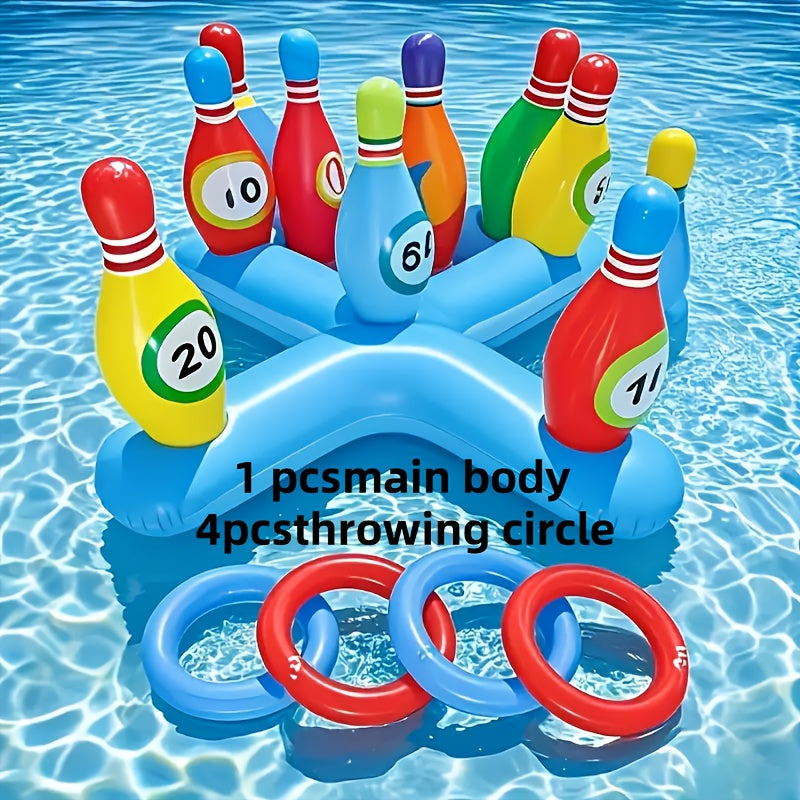 AquaStrike Wasser-Bowlingset | Aufblasbar | Bunte Kegel & Wurfringe | Für Pool & Strand