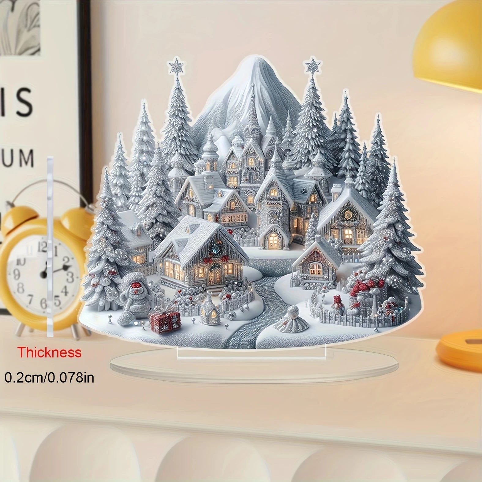 ArcticGlow | Acryl-Weihnachtsschmuck | Schneedorf mit Rentierszene | Flacher 2D-Stil