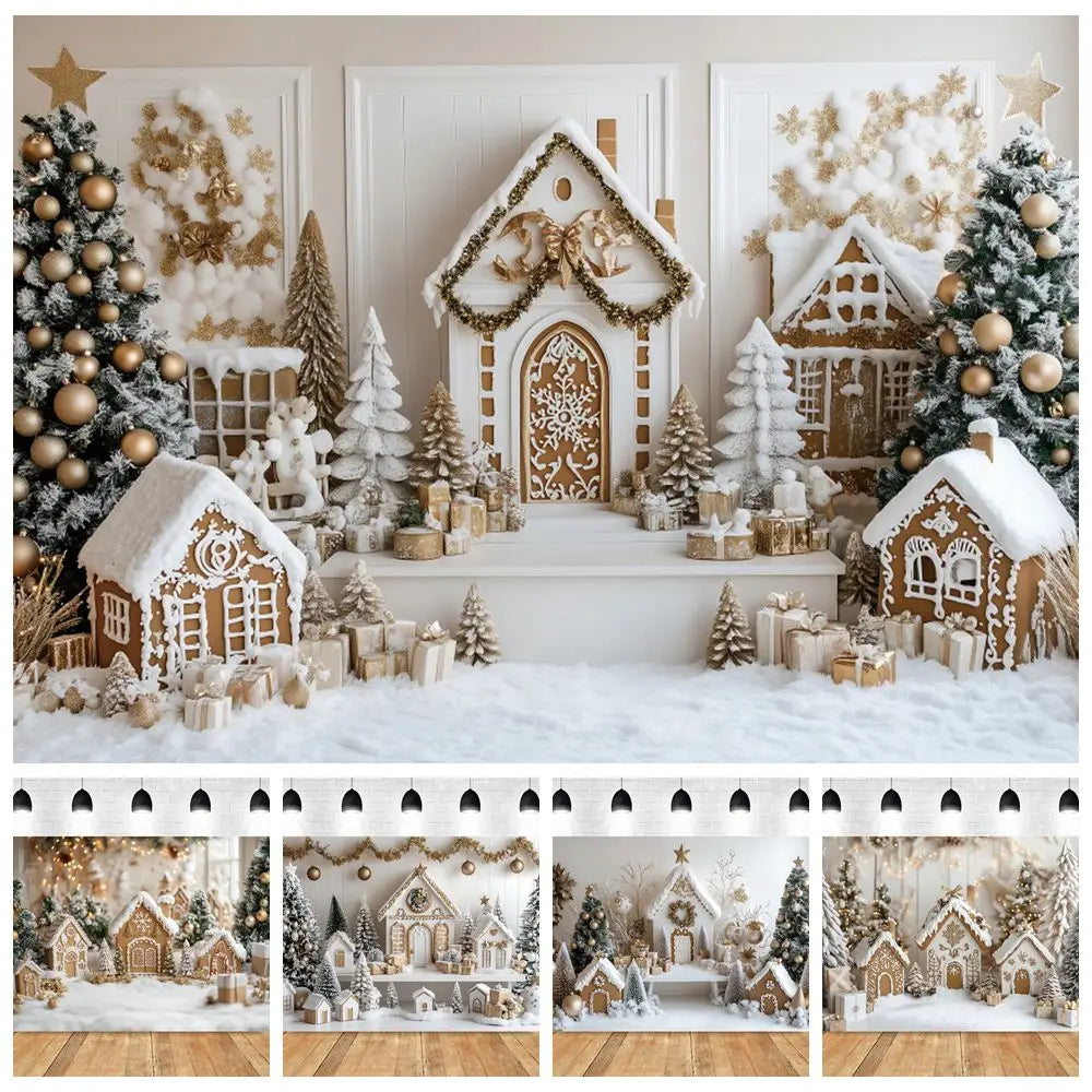 Holvinea | Weihnachts-Fotohintergrund | Miniatur Weihnachtshaus und Baum | Familien- & Kinderportrait-Dekor | Vinyl/Polyester/Velours | 300×200 cm