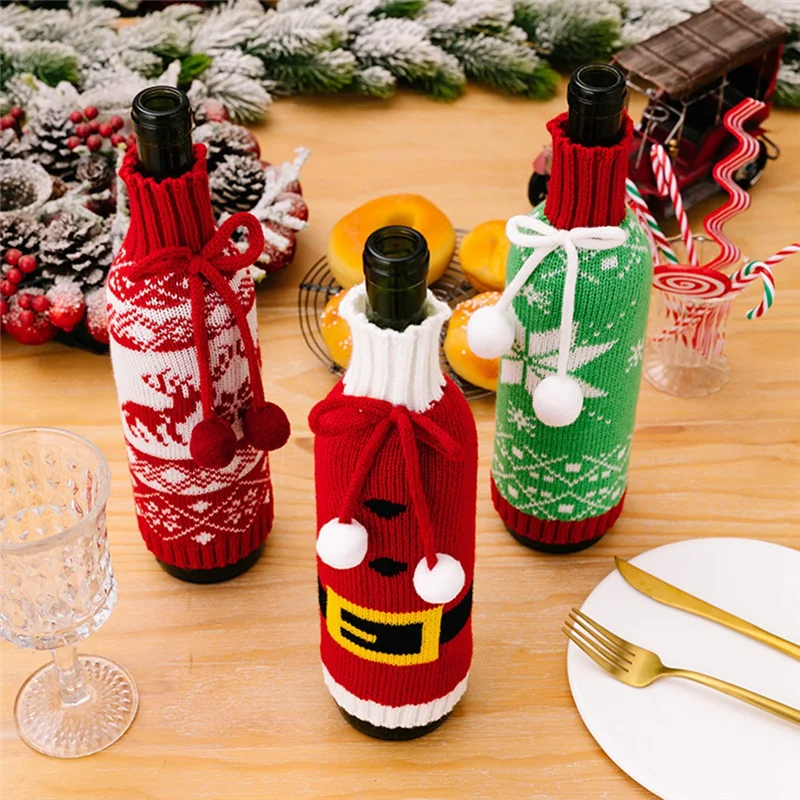 Festivelle 3-teiliges Weihnachtsflaschenhüllen-Set | Gestrickte Weinflaschenhüllen | Kordelverschluss | Passend für 750ml Wein- und Champagnerflaschen | Polyester