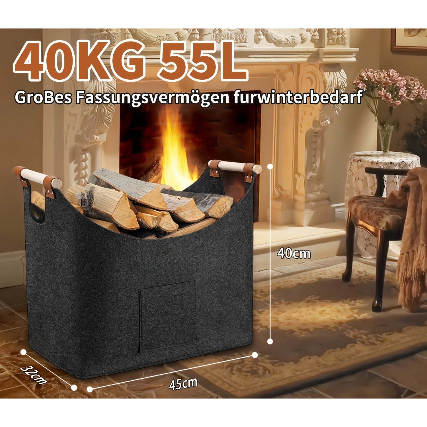 HolzHaven Kaminholzkorb | Filz mit Holzgriffen & Lederdetails | Stilvolle Aufbewahrung | Faltbar & Robust