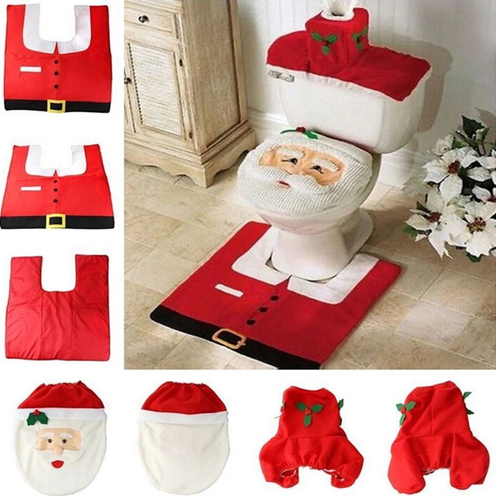 Noeliva | Weihnachts-Toiletten-Set | 3-teiliges Design mit Weihnachtsmann | Humorvolle Toilettendekoration mit Badematte & Spülkastenbezug | Weihnachtsdeko 2024