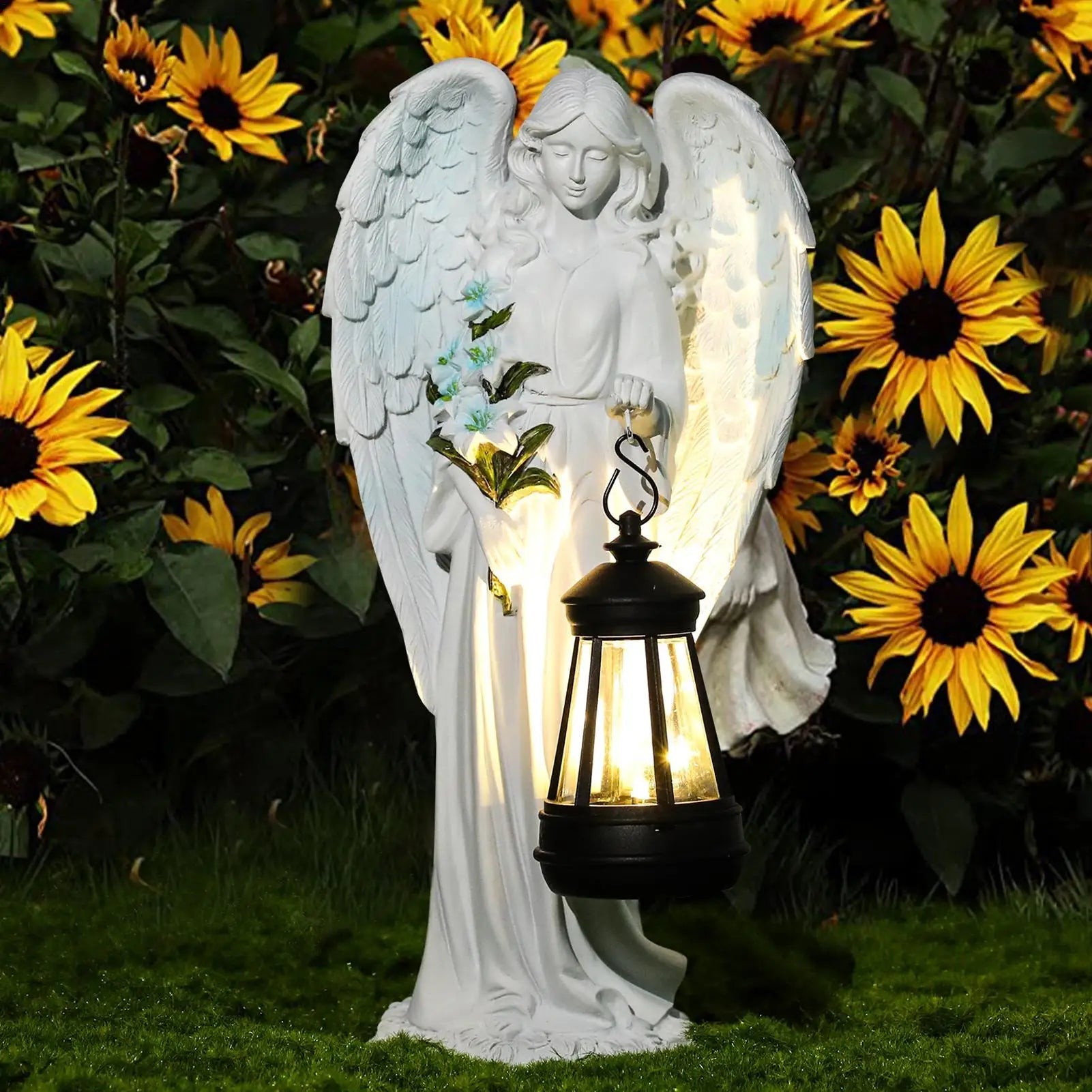 Auralis | Solar Engel Statue | Wetterbeständig & Beleuchtet | 20 × 10 × 8 cm | Harz Garten-, Terrassen- & Gedenkornament