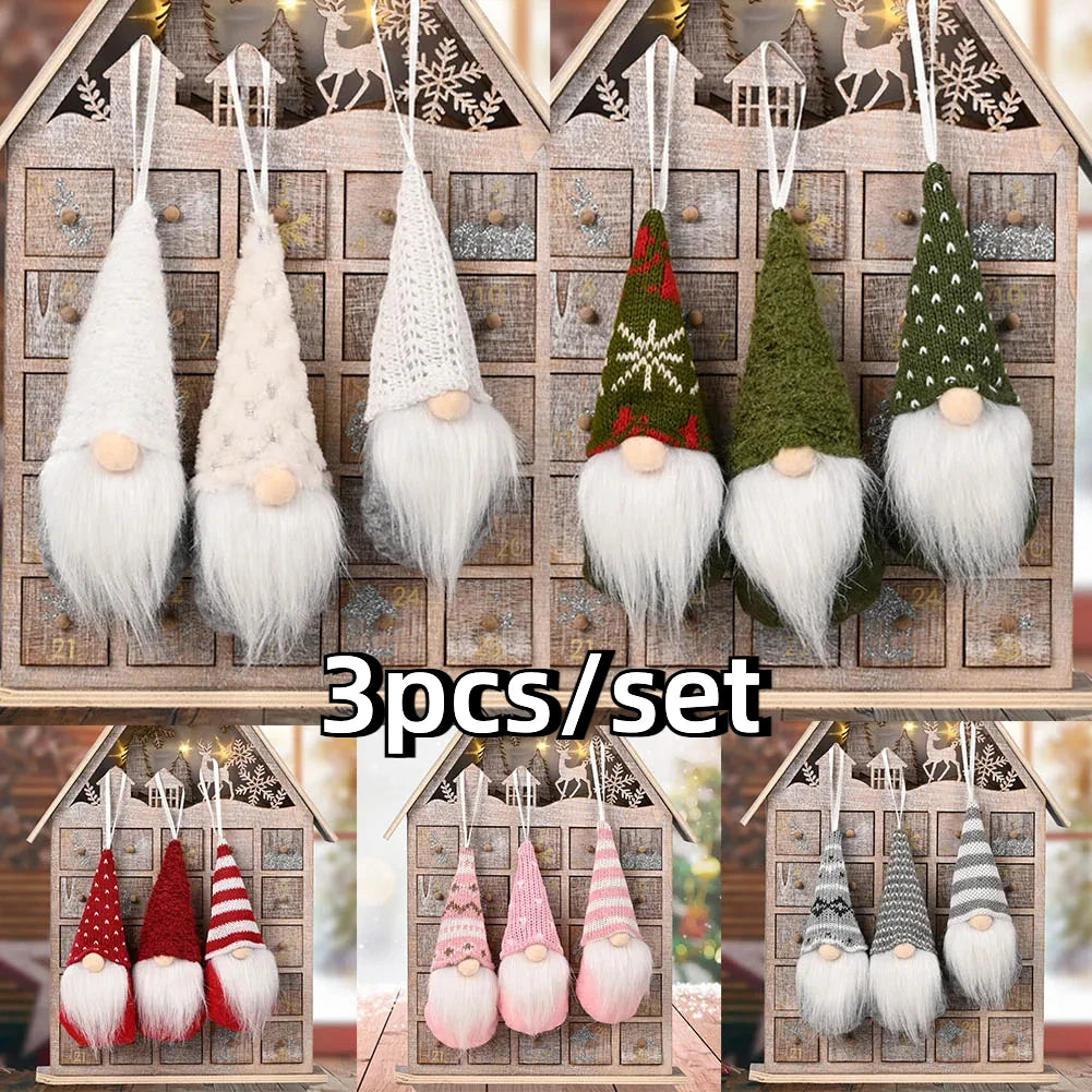 NordiTomte Weihnachtswichtel 3-teiliges Set | Strickstoff und Plüsch | Hängende Dekorationen für Weihnachtsbaum & Zuhause | Skandinavische Wichtel Deko