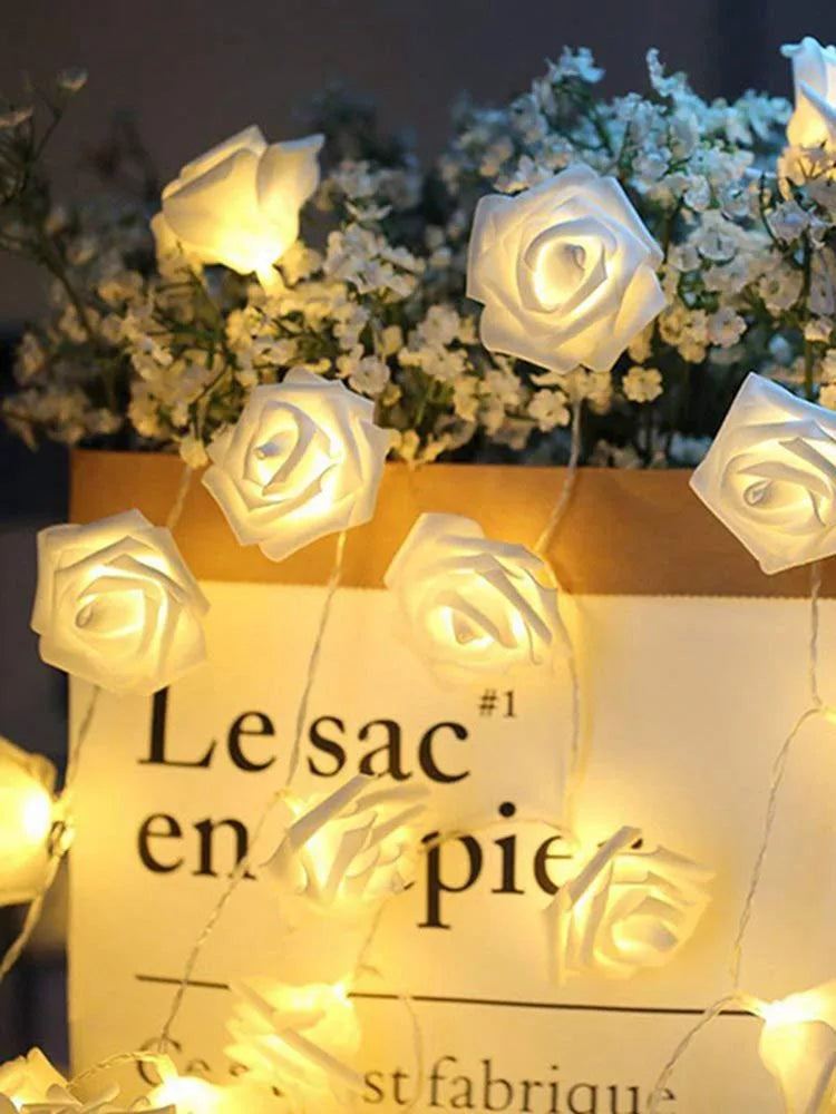 Floravera | LED-Rosenblüten-Lichterkette | 10/20 Warmweiße LED-Rosen | Batteriebetrieben | Romantische Hochzeits- und Wohnungsdekoration